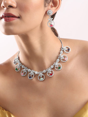 Rubans Rhodium Plated Multicolor Party Wear Necklace Set Necklace Set
