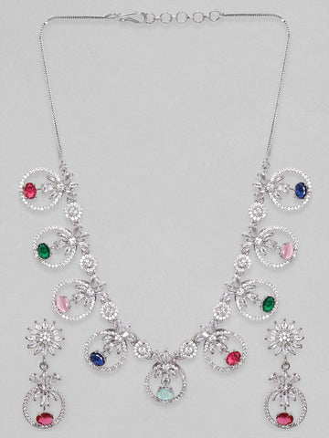 Rubans Rhodium Plated Multicolor Party Wear Necklace Set Necklace Set