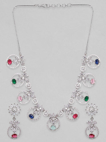Rubans Rhodium Plated Multicolor Party Wear Necklace Set Necklace Set