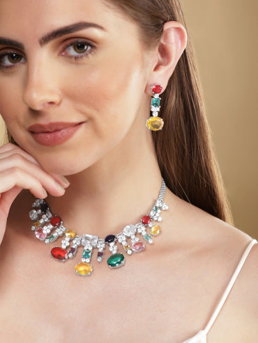 Rubans Rhodium Plated Multicolour Premium Zirconia Necklace Set Necklace Set