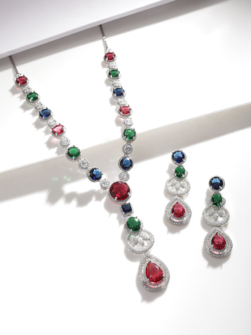 Rubans Rhodium Plated Multicoloured Zircons Stones Necklace & Earring Set. Necklaces, Necklace Sets, Chains & Mangalsutra