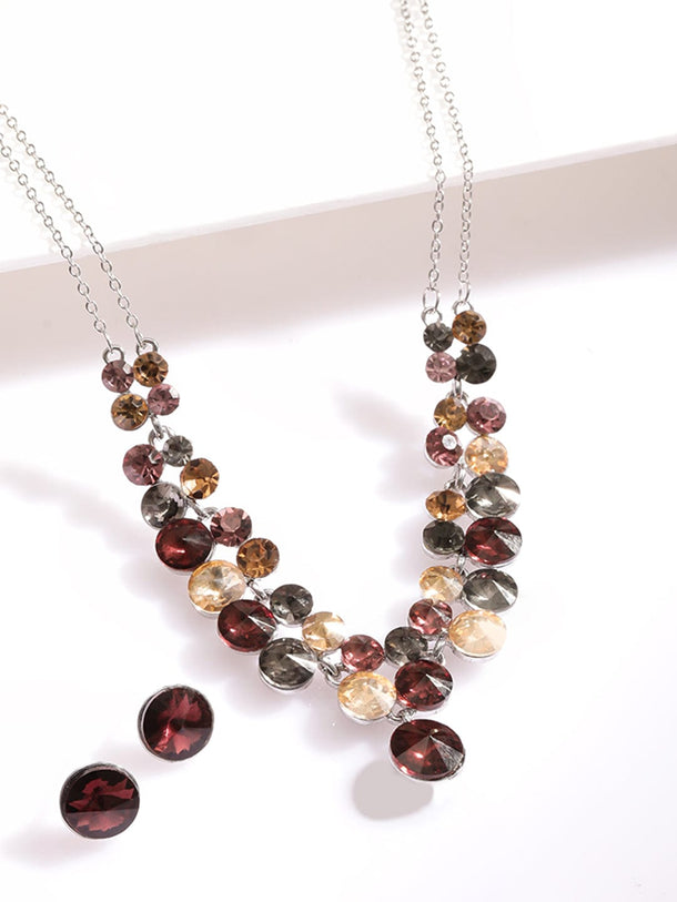 Rubans Rhodium-Plated Multihued Zirconia Embellished Flowerlet Necklace set Necklace Sets