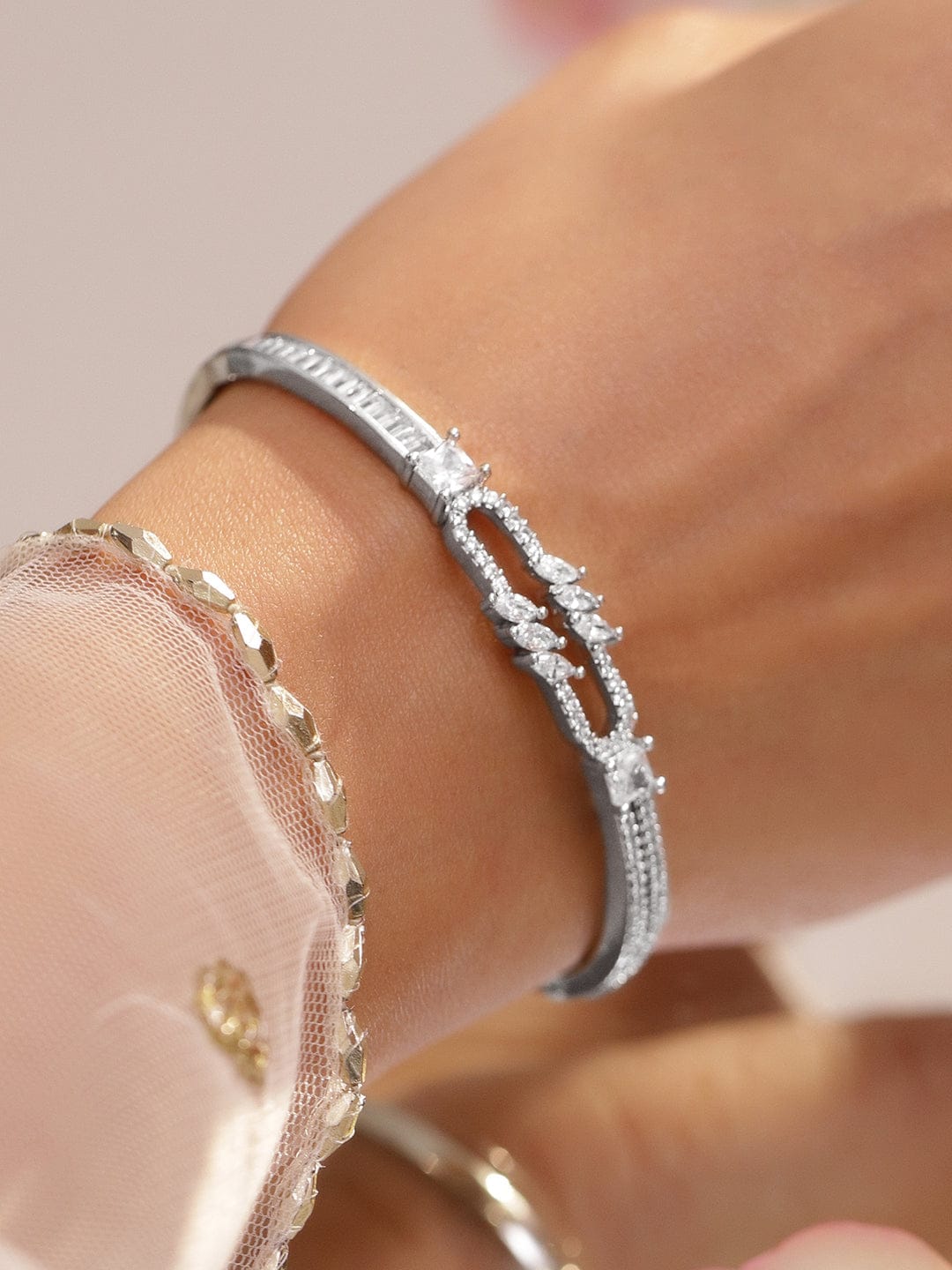 Rubans Rhodium-Plated Open-Link Bracelet with Marquise & Baguette Cubic Zirconia Accents Wristwear
