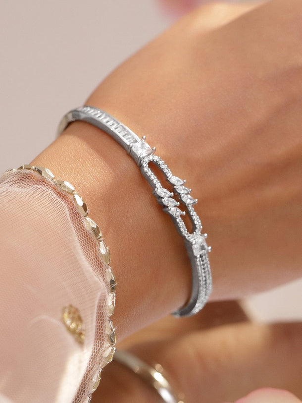 Rubans Rhodium-Plated Open-Link Bracelet with Marquise & Baguette Cubic Zirconia Accents Wristwear