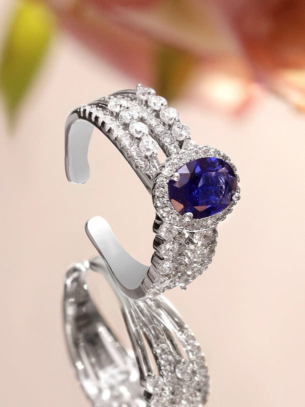 Rubans Rhodium-Plated Oval Blue AD & Cubic Zirconia Studded Triple Band Adjustable Ring Finger Ring
