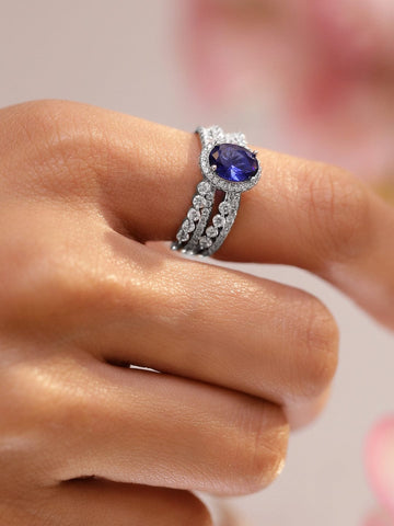 Rubans Rhodium-Plated Oval Blue AD & Cubic Zirconia Studded Triple Band Adjustable Ring Rings