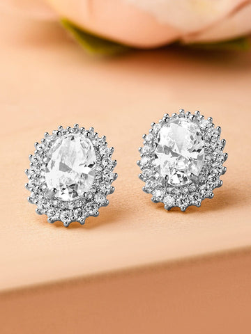 Rubans Rhodium-Plated Oval Cubic Zirconia Studded Statement Stud Earrings Earrings