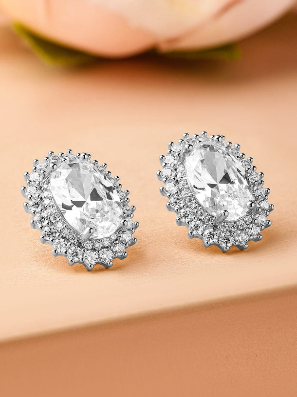 Rubans Rhodium-Plated Oval Cubic Zirconia Studded Statement Stud Earrings Earrings