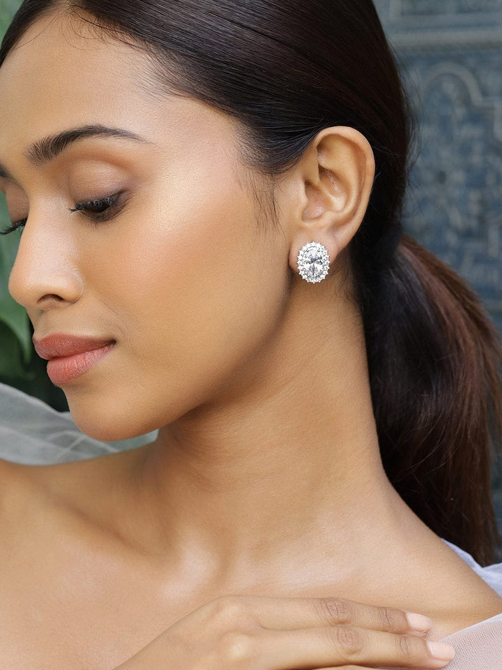 Rubans Rhodium-Plated Oval Cubic Zirconia Studded Statement Stud Earrings Earrings