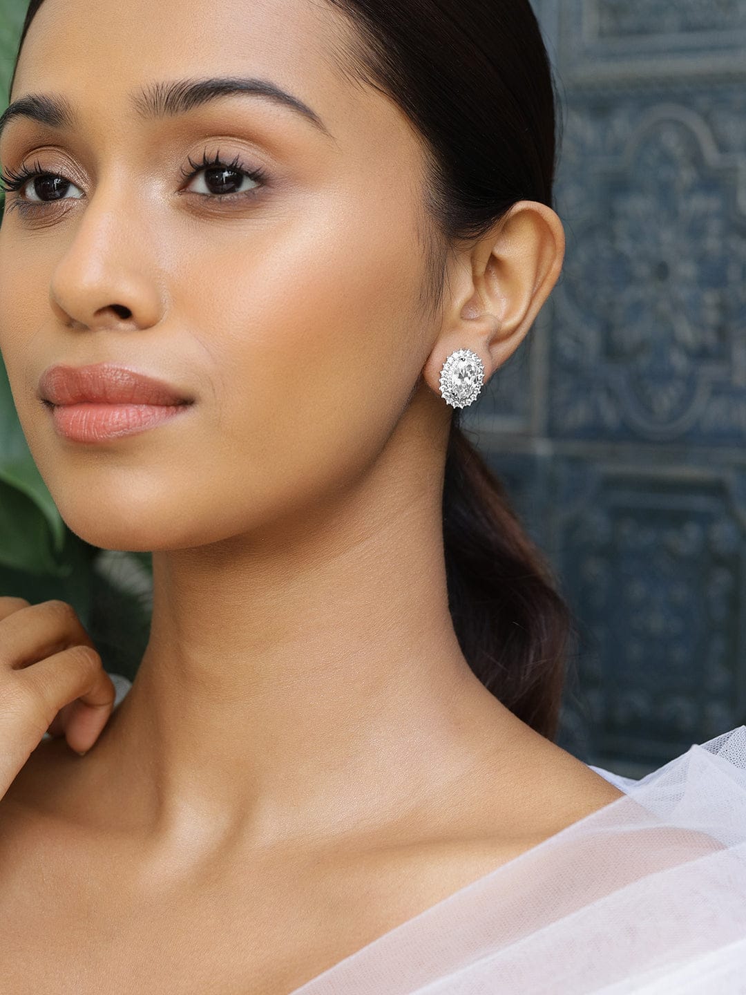 Rubans Rhodium-Plated Oval Cubic Zirconia Studded Statement Stud Earrings Earrings