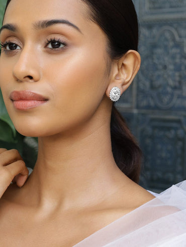 Rubans Rhodium-Plated Oval Cubic Zirconia Studded Statement Stud Earrings Earrings