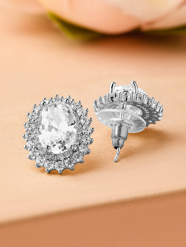 Rubans Rhodium-Plated Oval Cubic Zirconia Studded Statement Stud Earrings Earrings
