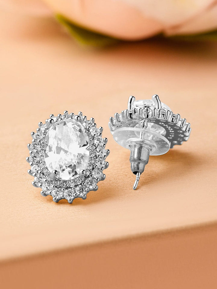 Rubans Rhodium-Plated Oval Cubic Zirconia Studded Statement Stud Earrings Earrings