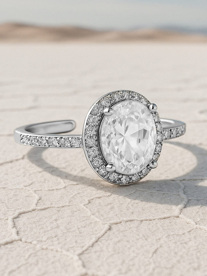 Rubans Rhodium-Plated Oval Cut Cubic Zirconia Studded Adjustable Finger Ring Finger Ring