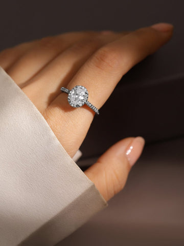 Rubans Rhodium-Plated Oval Cut Cubic Zirconia Studded Adjustable Finger Ring Rings