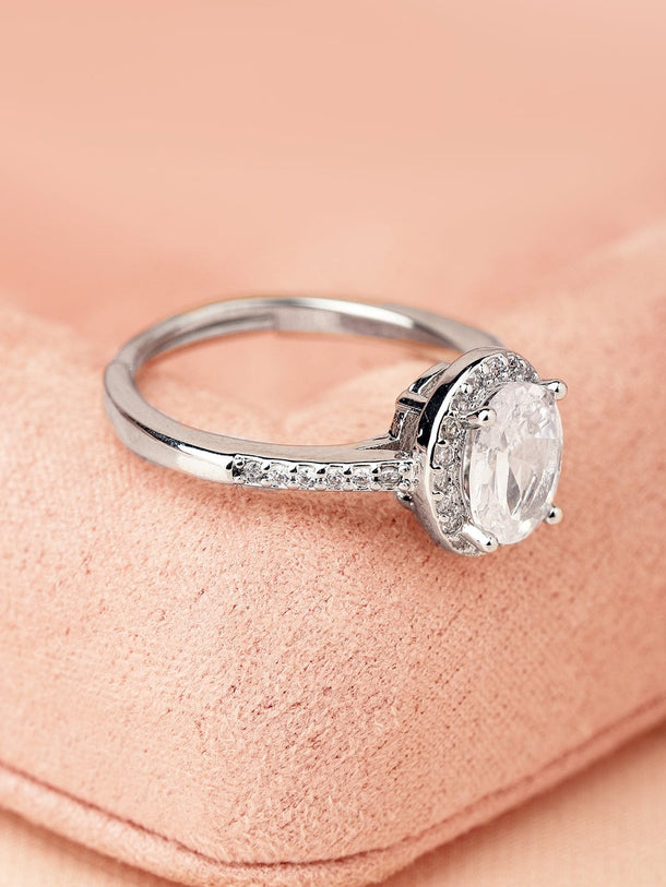 Rubans Rhodium-Plated Oval Cut Cubic Zirconia Studded Adjustable Finger Ring Rings