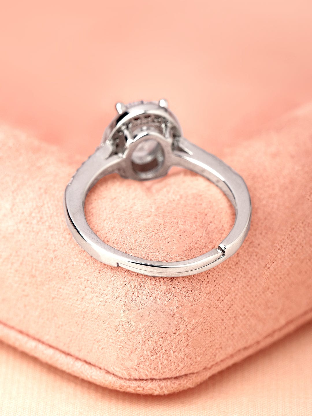 Rubans Rhodium-Plated Oval Cut Cubic Zirconia Studded Adjustable Finger Ring Rings