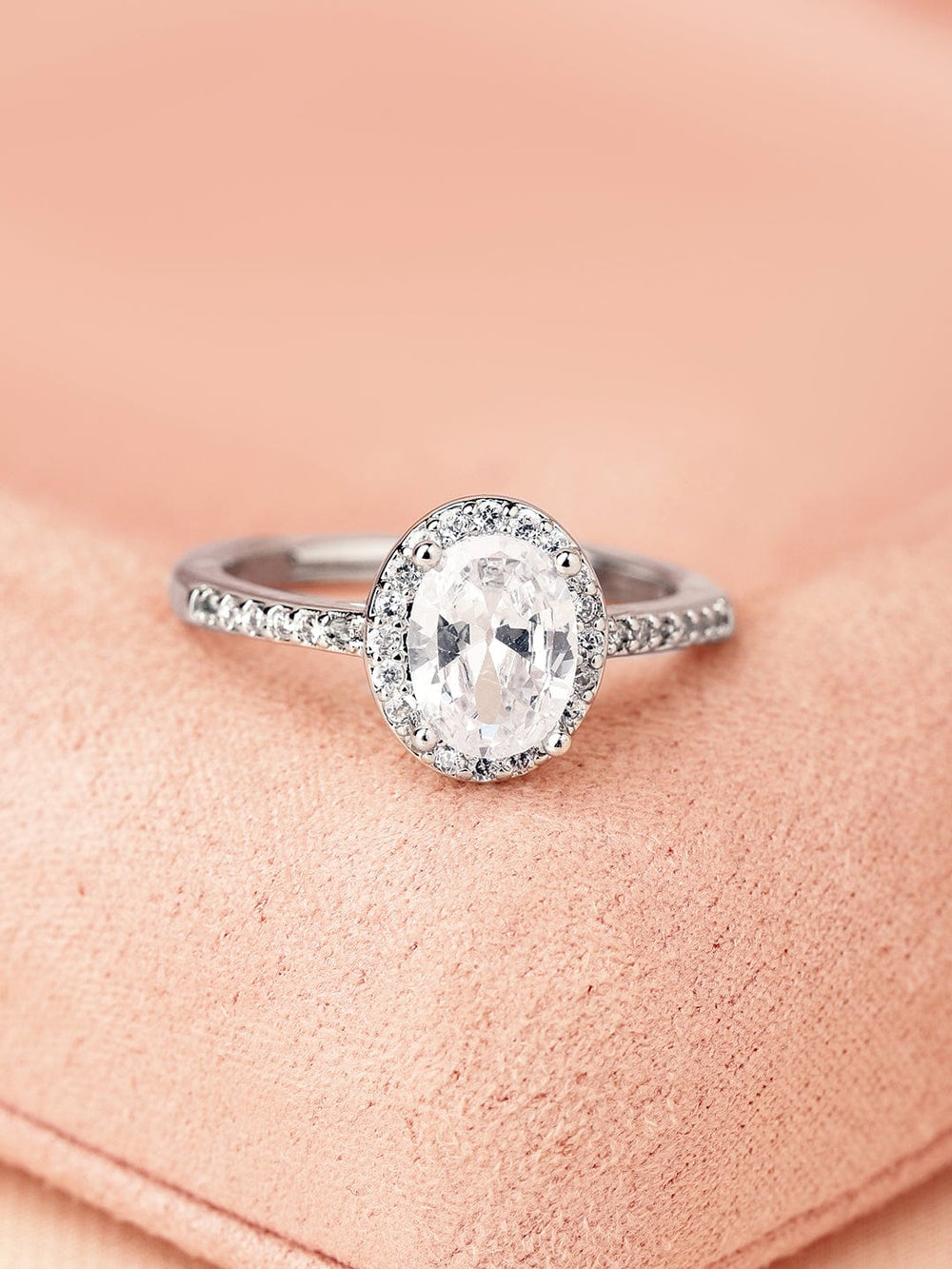 Rubans Rhodium-Plated Oval Cut Cubic Zirconia Studded Adjustable Finger Ring Rings