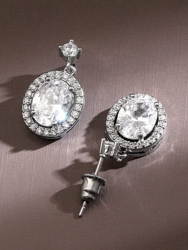 Rubans Rhodium-Plated Oval-Cut Cubic Zirconia Studded Drop Earrings Earrings