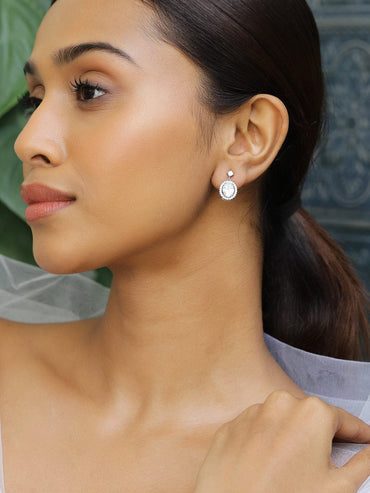 Rubans Rhodium-Plated Oval-Cut Cubic Zirconia Studded Drop Earrings Earrings