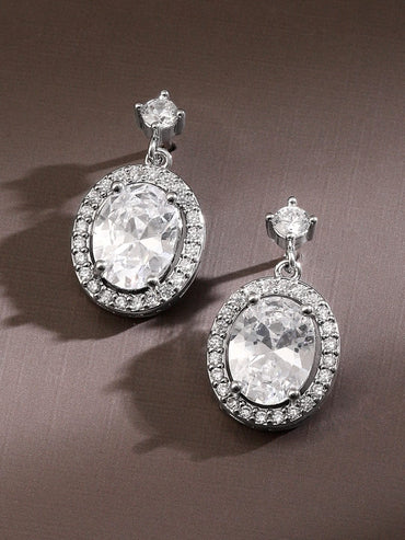 Rubans Rhodium-Plated Oval-Cut Cubic Zirconia Studded Drop Earrings Earrings