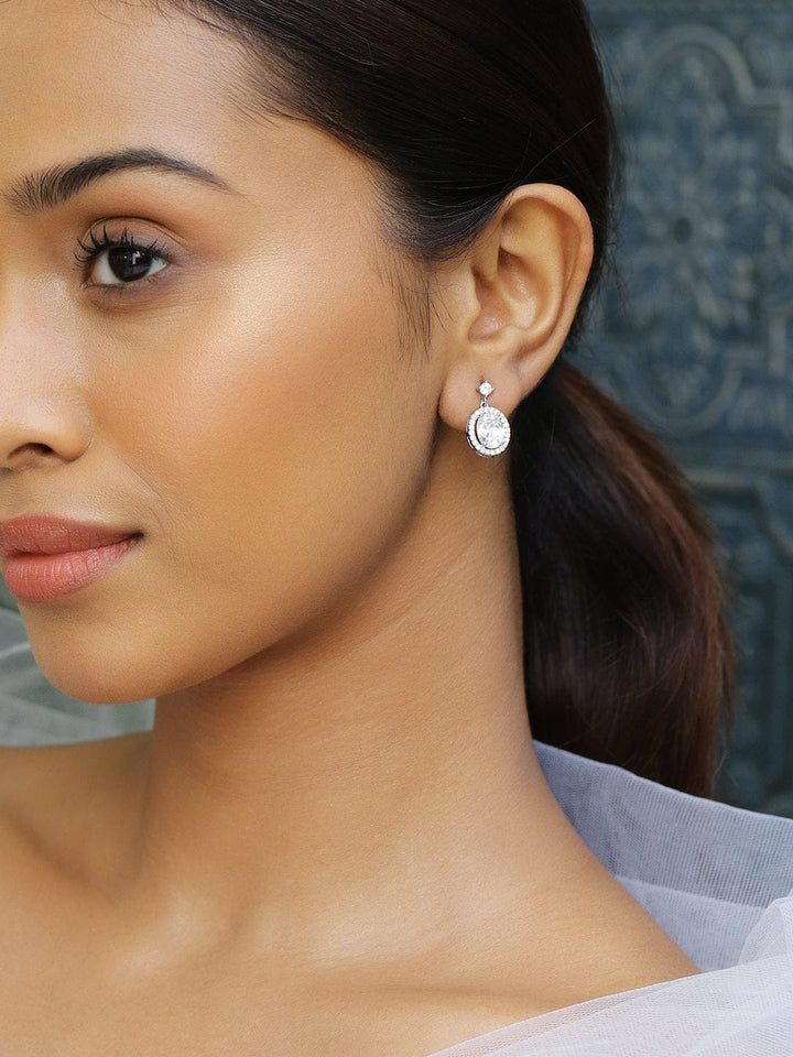 Rubans Rhodium-Plated Oval-Cut Cubic Zirconia Studded Drop Earrings Earrings