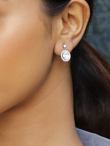 Rubans Rhodium-Plated Oval-Cut Cubic Zirconia Studded Drop Earrings Earrings