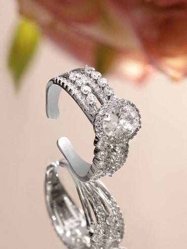 Rubans Rhodium-Plated Oval-Cut White Cubic Zirconia and Triple Band Design Adjustable Ring Rings