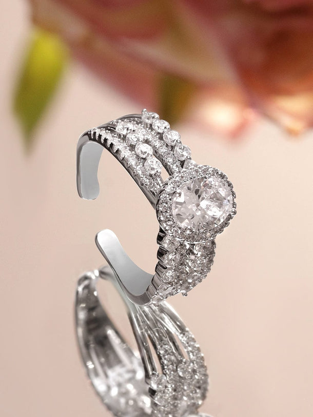 Rubans Rhodium-Plated Oval-Cut White Cubic Zirconia and Triple Band Design Adjustable Ring Rings