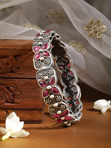 Rubans Rhodium Plated Oxidised American Diamond Silver Bangles Bangle