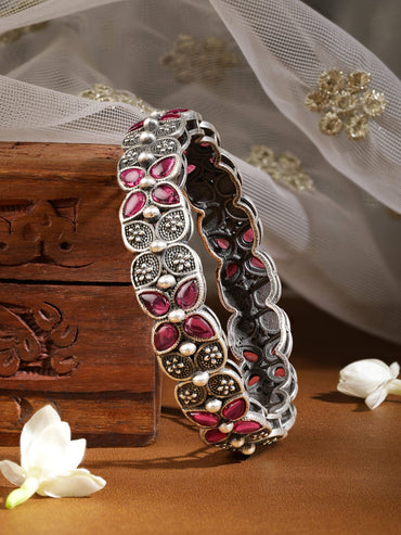 Rubans Rhodium Plated Oxidised American Diamond Silver Bangles Bangle