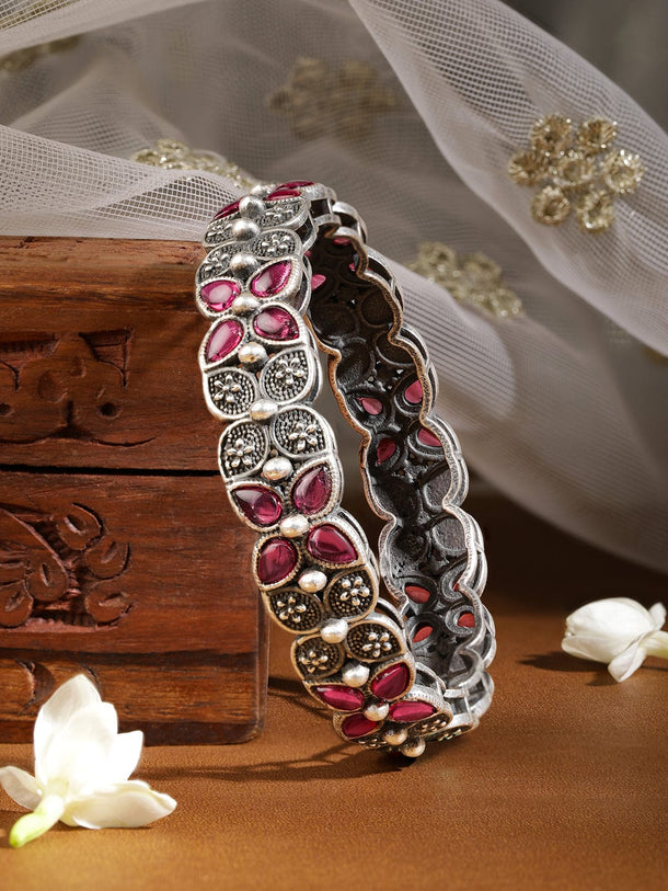 Rubans Rhodium Plated Oxidised American Diamond Silver Bangles Bangle