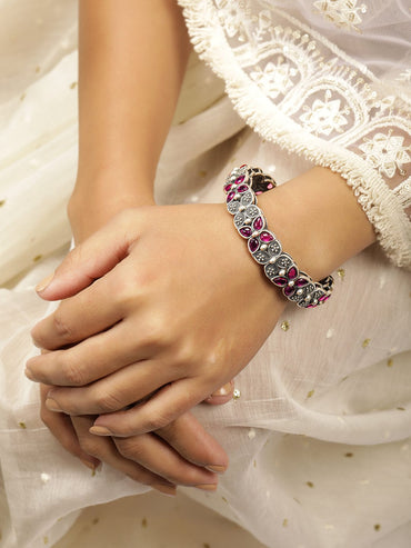 Rubans Rhodium Plated Oxidised American Diamond Silver Bangles Bangle