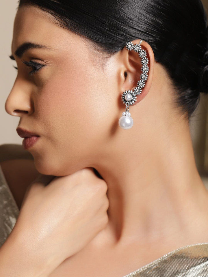 Rubans Rhodium-Plated Oxidized Floral Design Ear Cuff Earrings with White Pearl Drop Detail - Pack of 2 Earrings