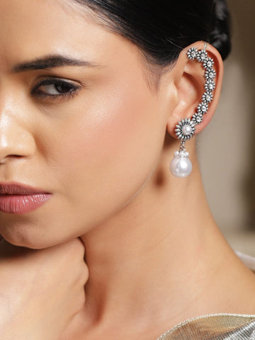 Rubans Rhodium-Plated Oxidized Floral Design Ear Cuff Earrings with White Pearl Drop Detail - Pack of 2 Earrings