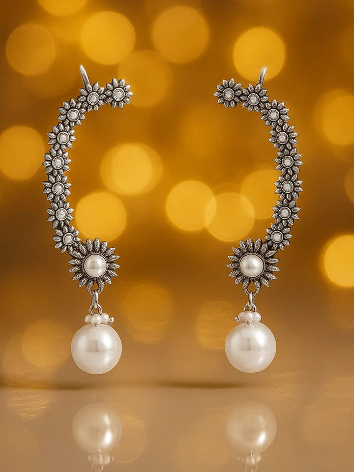 Rubans Rhodium-Plated Oxidized Floral Design Ear Cuff Earrings with White Pearl Drop Detail - Pack of 2 Earrings