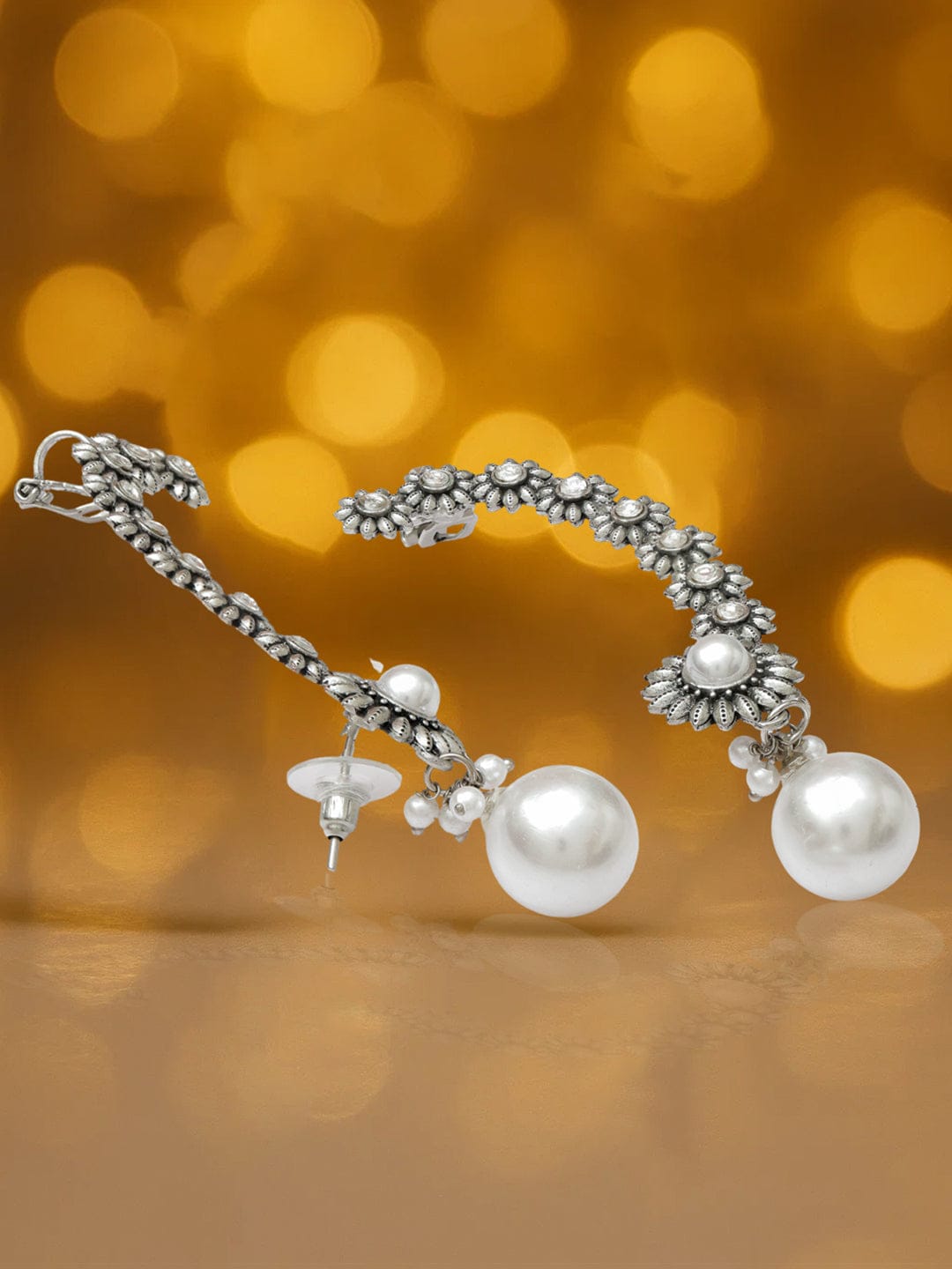 Rubans Rhodium-Plated Oxidized Floral Design Ear Cuff Earrings with White Pearl Drop Detail - Pack of 2 Earrings