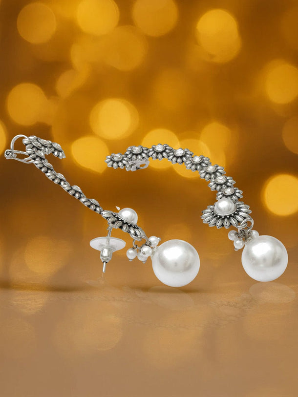 Rubans Rhodium-Plated Oxidized Floral Design Ear Cuff Earrings with White Pearl Drop Detail - Pack of 2 Earrings