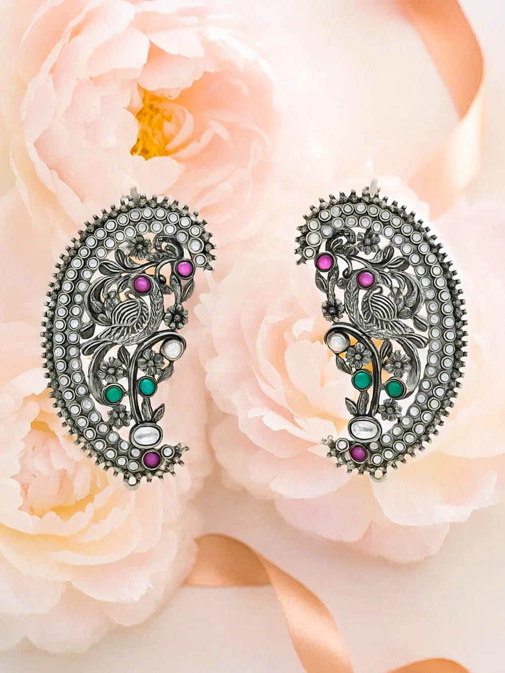 Rubans Rhodium-Plated Oxidized Green, Pink & White Stone Peacock Motif Oversized Earcuffs Earrings - Pack of 2 Earrings