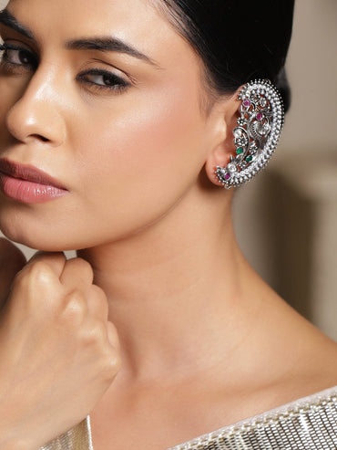 Rubans Rhodium-Plated Oxidized Green, Pink & White Stone Peacock Motif Oversized Earcuffs Earrings - Pack of 2 Earrings