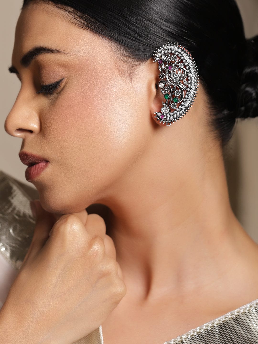 Rubans Rhodium-Plated Oxidized Green, Pink & White Stone Peacock Motif Oversized Earcuffs Earrings - Pack of 2 Earrings