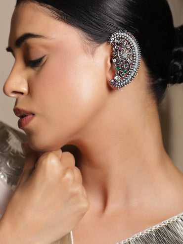 Rubans Rhodium-Plated Oxidized Green, Pink & White Stone Peacock Motif Oversized Earcuffs Earrings - Pack of 2 Earrings
