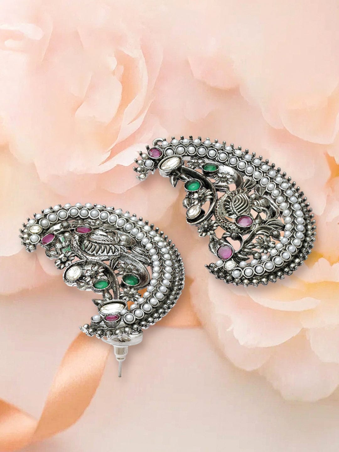 Rubans Rhodium-Plated Oxidized Green, Pink & White Stone Peacock Motif Oversized Earcuffs Earrings - Pack of 2 Earrings