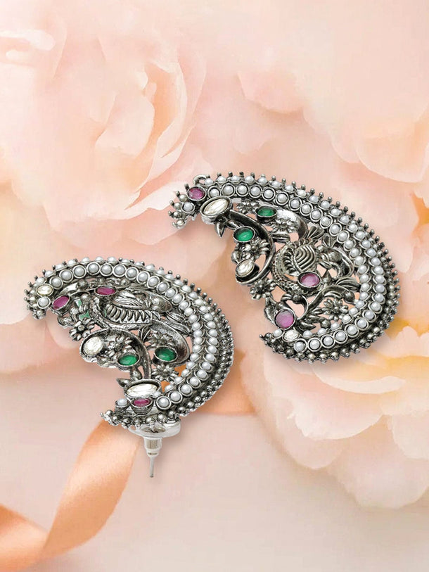 Rubans Rhodium-Plated Oxidized Green, Pink & White Stone Peacock Motif Oversized Earcuffs Earrings - Pack of 2 Earrings