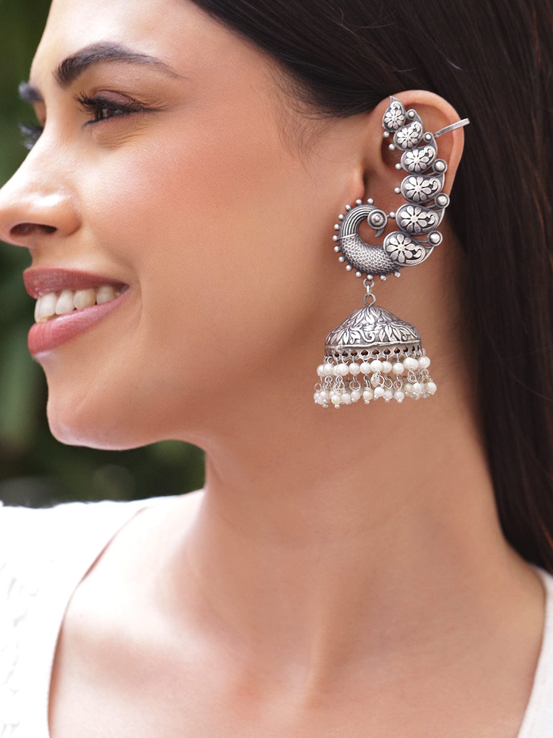 Rubans Rhodium-Plated Oxidized Paisley Motif Oversized Ear Cuff Jhumka with White Pearls - Pack of 2 Earrings