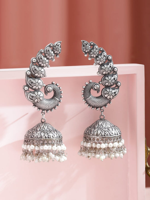 Rubans Rhodium-Plated Oxidized Paisley Motif Oversized Ear Cuff Jhumka with White Pearls - Pack of 2 Earrings