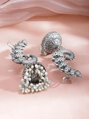 Rubans Rhodium-Plated Oxidized Paisley Motif Oversized Ear Cuff Jhumka with White Pearls - Pack of 2 Earrings