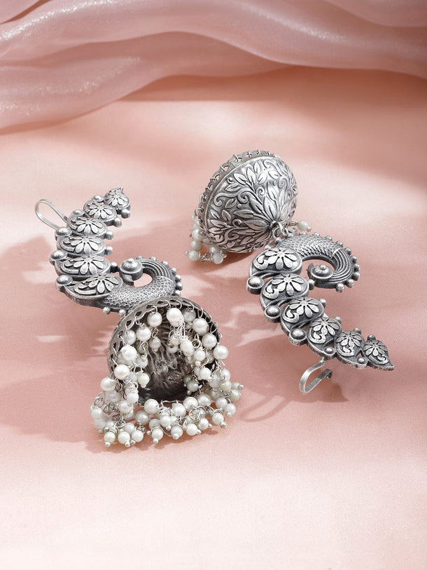 Rubans Rhodium-Plated Oxidized Paisley Motif Oversized Ear Cuff Jhumka with White Pearls - Pack of 2 Earrings