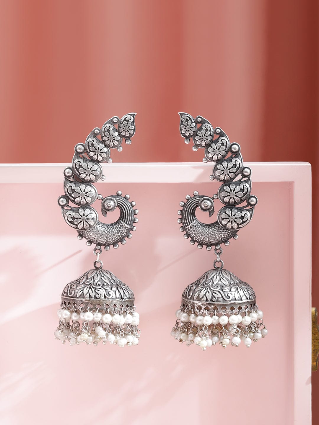 Rubans Rhodium-Plated Oxidized Paisley Motif Oversized Ear Cuff Jhumka with White Pearls - Pack of 2 Earrings