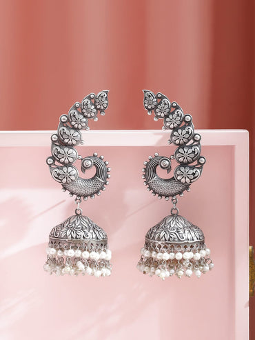 Rubans Rhodium-Plated Oxidized Paisley Motif Oversized Ear Cuff Jhumka with White Pearls - Pack of 2 Earrings
